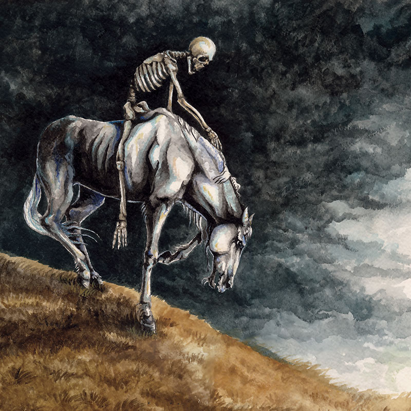 Painting of a Skeleton Riding a Horse by Rebecca Magar