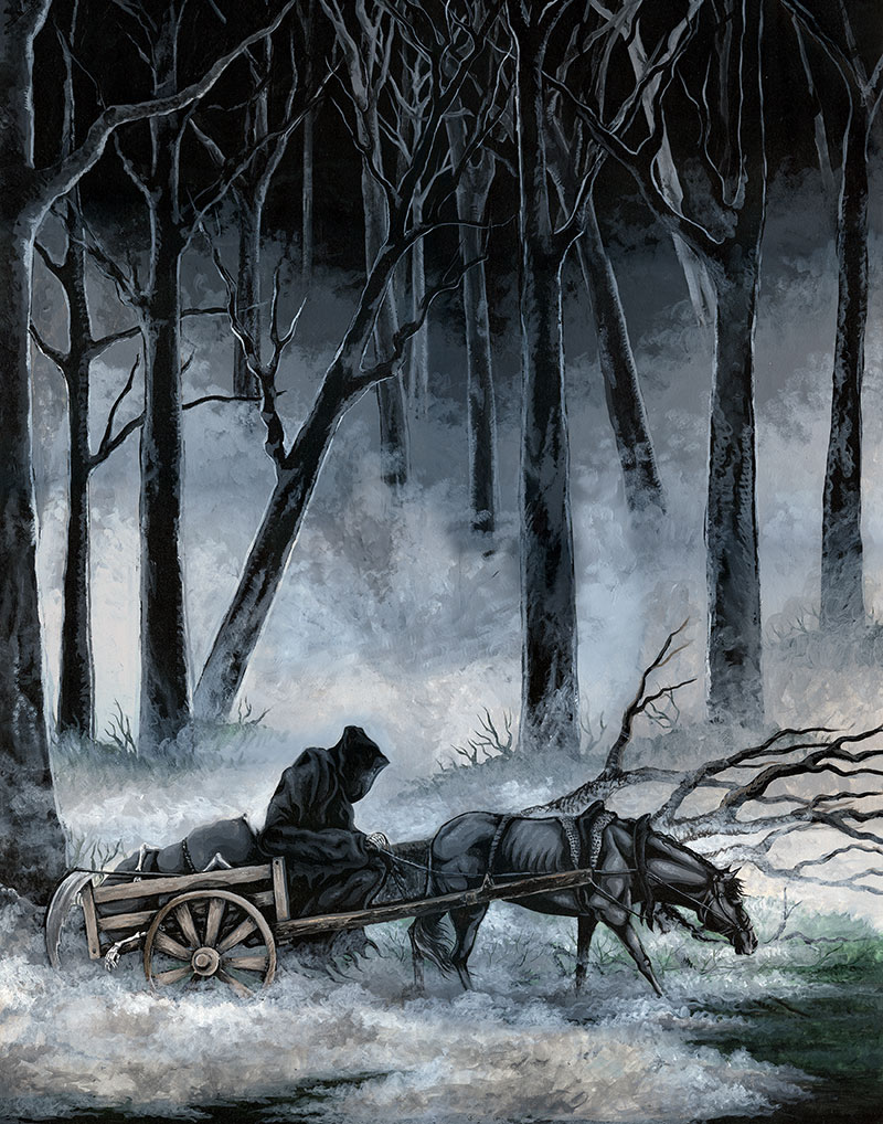 Painting of a grim reaper collecting bones with his horse and cart by Rebecca Magar
