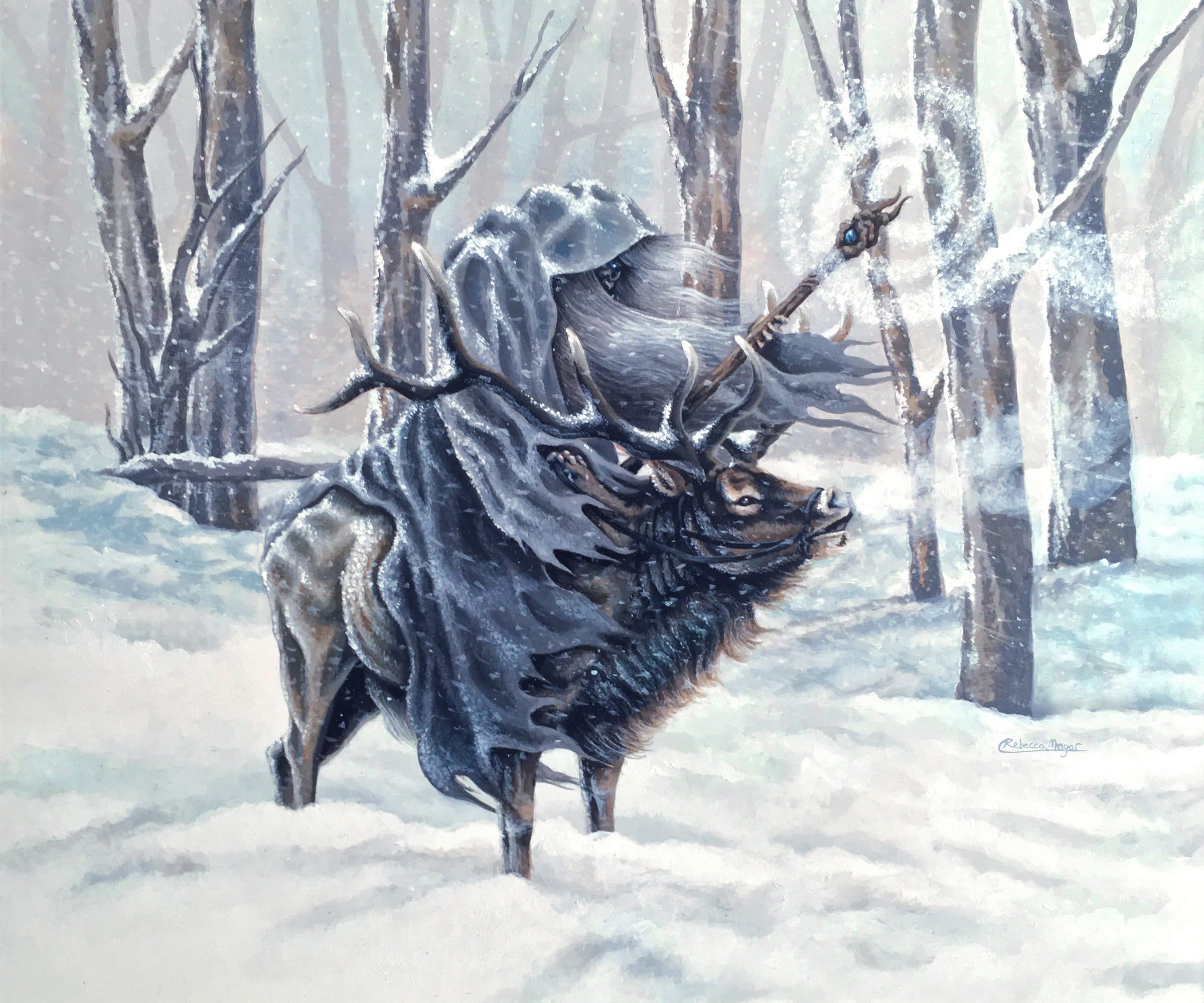 Blue Wizard - Painting of a Wizard in the Snow, Riding an Elk by Rebecca Magar