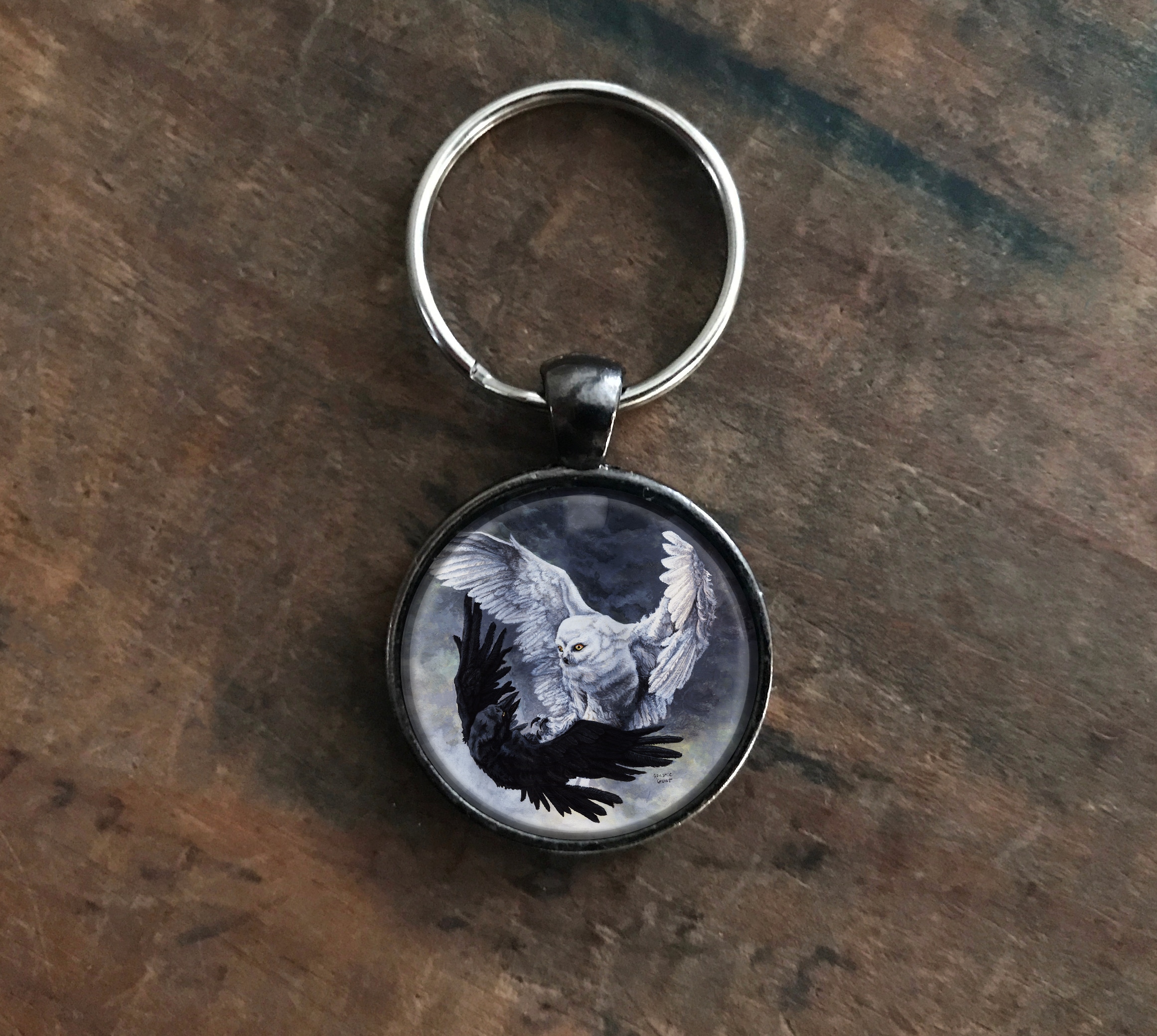 Yin Yang Owl and Raven Keychain