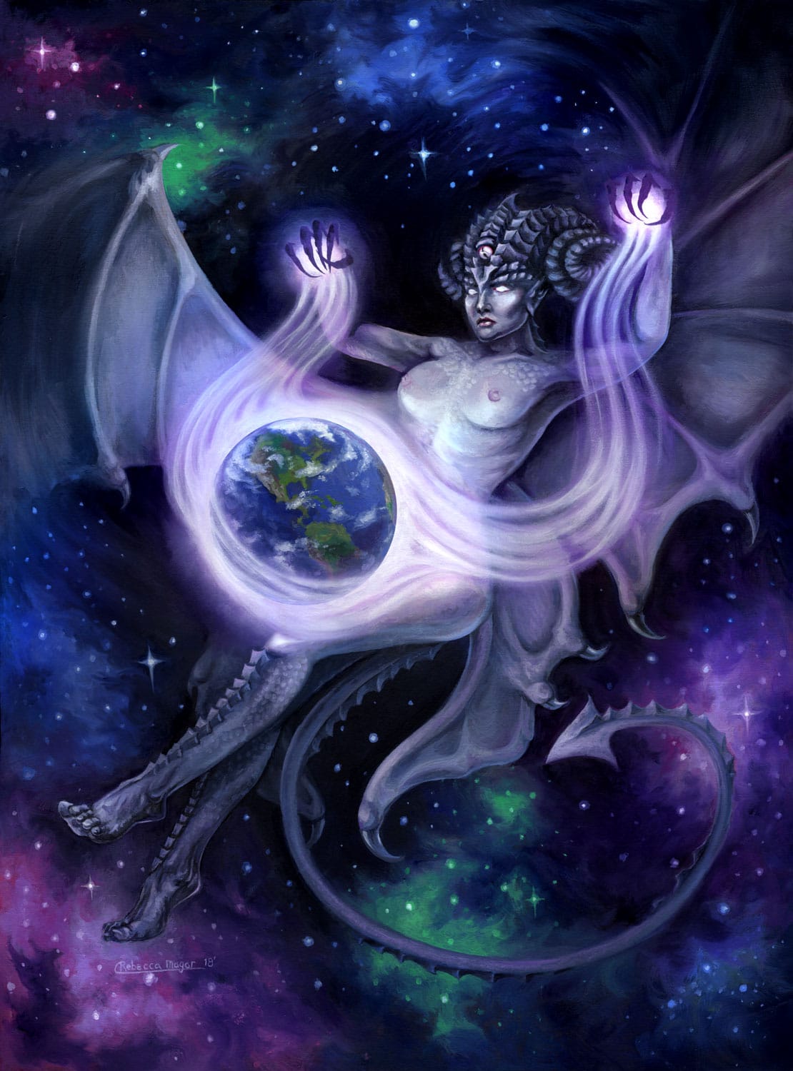 Otherworldly - Painting of a Succubus Space Faerie Casting a Spell on Earth by Rebecca Magar