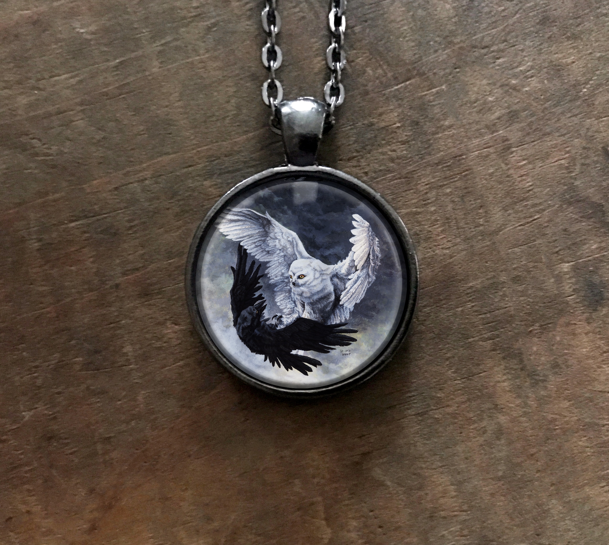 Yin Yang Owl and Raven Necklace