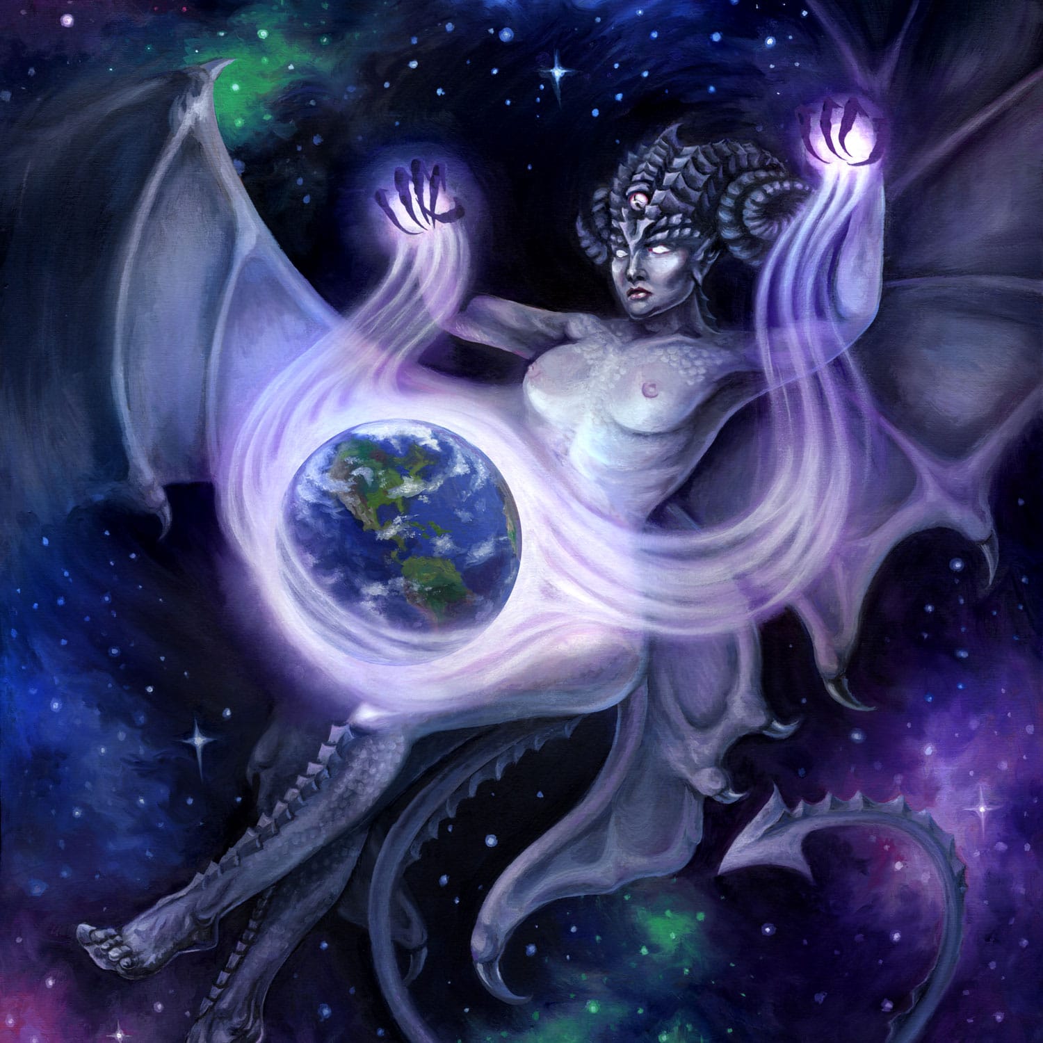 Otherworldly - Painting of a Succubus Space Faerie Casting a Spell on Earth by Rebecca Magar