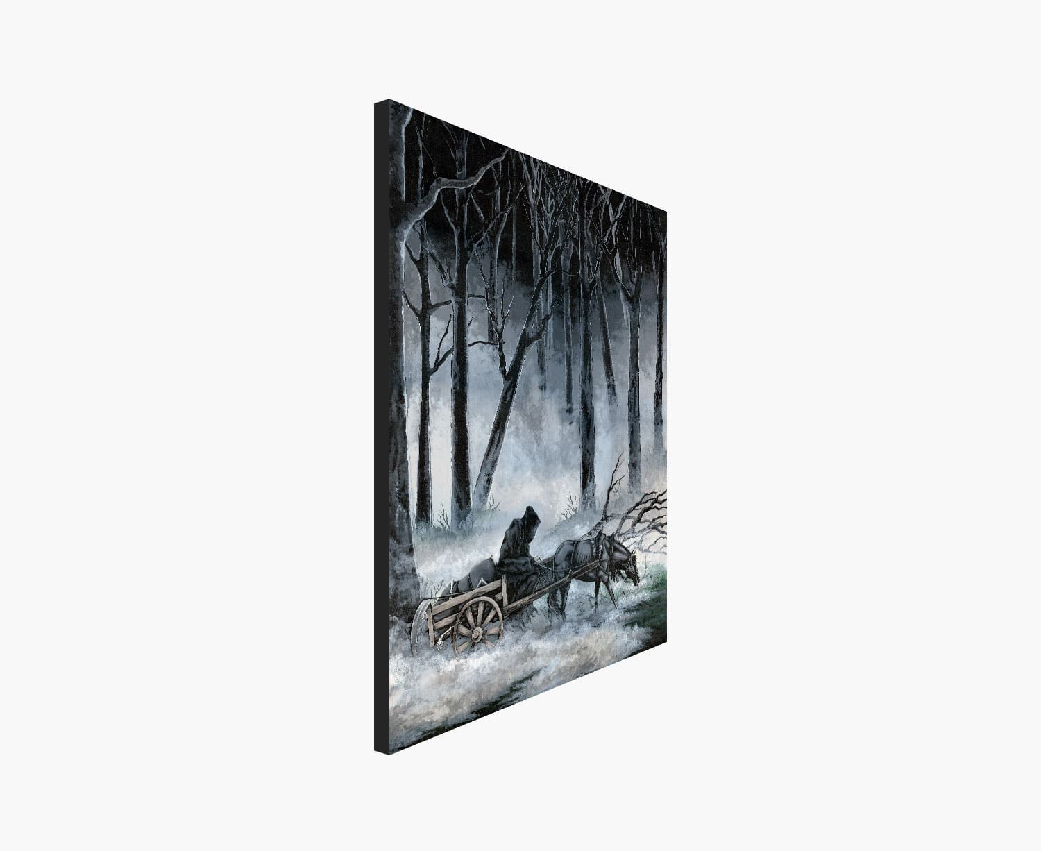 Print of a Grim Reaper on a Horse Drawn Wagon Riding through a Foggy Forest