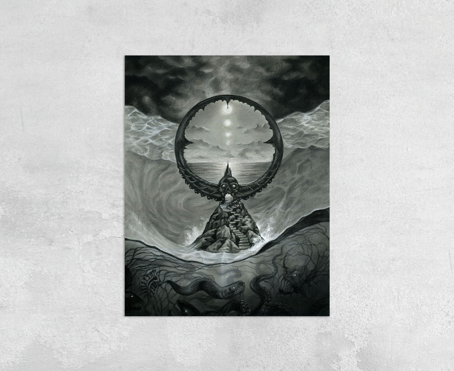 Passage - Lovecraft and Beksinski Inspired Drawing of A Dark Ocean Portal - Print by Rebecca Magar